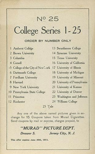 1910 Murad Cigarettes Cabinets (T6) #25 Yale Back