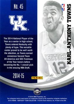 2016 Panini Kentucky Wildcats #45 Karl-Anthony Towns Back