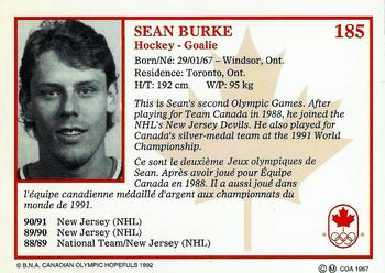 1992 BNA Canadian Winter Olympics Hopefuls #185 Sean Burke Back