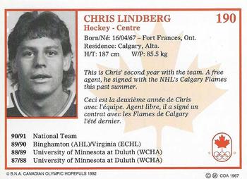 1992 BNA Canadian Winter Olympics Hopefuls #190 Chris Lindberg Back