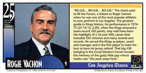 1993 Great Western Forum 25th Anniversary #9 Rogie Vachon Back