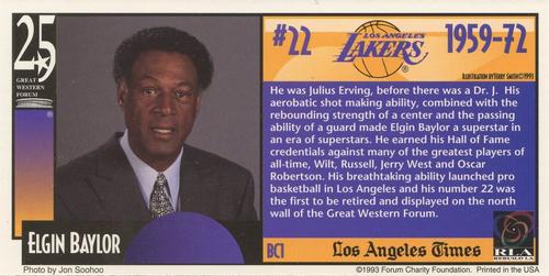 1993 Great Western Forum 25th Anniversary - Lakers Bonus Cards #BC1 Elgin Baylor Back