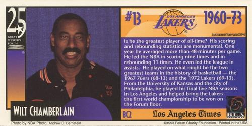1993 Great Western Forum 25th Anniversary - Lakers Bonus Cards #BC2 Wilt Chamberlain Back