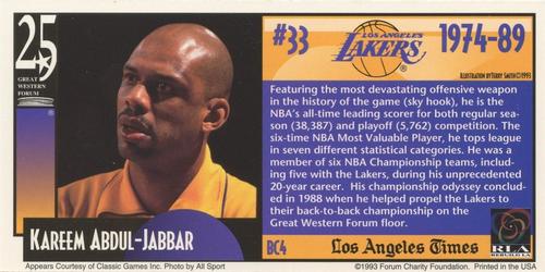 1993 Great Western Forum 25th Anniversary - Lakers Bonus Cards #BC4 Kareem Abdul-Jabbar Back