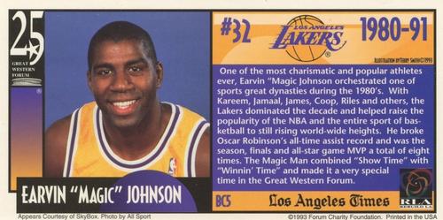 1993 Great Western Forum 25th Anniversary - Lakers Bonus Cards #BC5 Magic Johnson Back