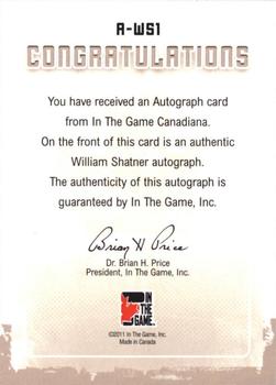 2011 In The Game Canadiana - Autographs Black #A-WS1 William Shatner Back