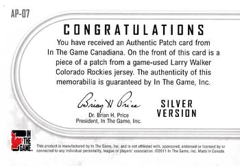 2011 In The Game Canadiana - Authentic Patch Silver #AP7 Larry Walker Back