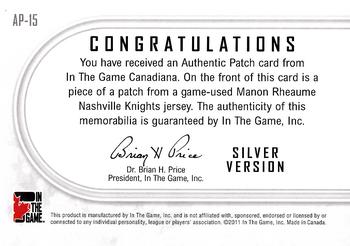 2011 In The Game Canadiana - Authentic Patch Silver #AP15 Manon Rheaume Back