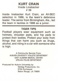 1987-88 Auburn Tigers Police #NNO Kurt Crain Back