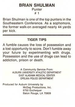 1987-88 Auburn Tigers Police #NNO Brian Shulman Back
