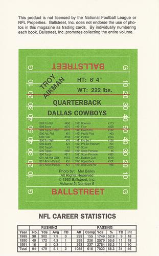 1992 Ballstreet - Jumbo 4x6 #NNO Troy Aikman Back