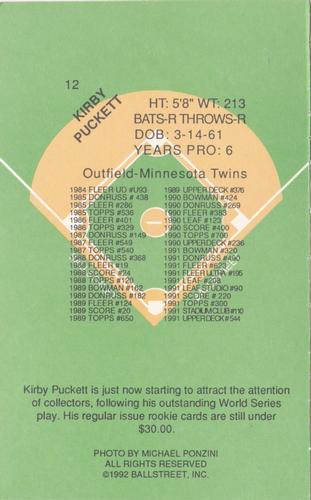 1992 Ballstreet - Jumbo 4x6 #12 Kirby Puckett Back