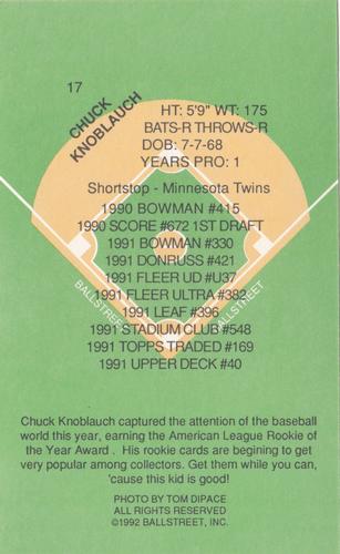 1992 Ballstreet - Jumbo 4x6 #17 Chuck Knoblauch Back