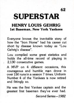 1982 TCMA Superstars #62 Lou Gehrig Back