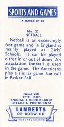 1964 Lamberts of Norwich Sports and Games #22 Netball Back