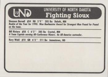 1991-92 North Dakota Fighting Sioux #12 Shannon Burnell / Kory Wahl / Bill Riviere Back