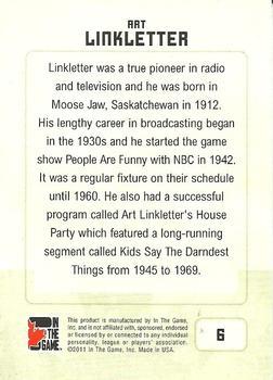 2011 In The Game Canadiana - Sapphire #6 Art Linkletter Back