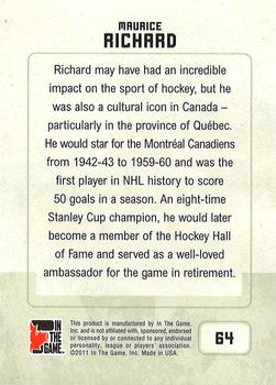 2011 In The Game Canadiana - Sapphire #64 Maurice Richard Back