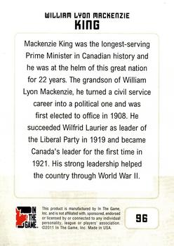 2011 In The Game Canadiana - Sapphire #96 William Lyon Mackenzie King Back