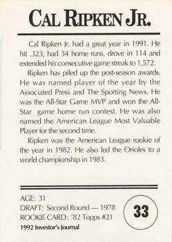 1992 Investor's Journal - Colors Foil #33 Cal Ripken Jr. Back