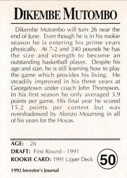 1992 Investor's Journal - Colors Foil #50 Dikembe Mutombo Back