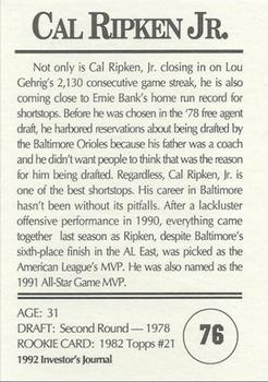 1992 Investor's Journal - Colors Foil #76 Cal Ripken Jr. Back