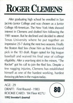 1992 Investor's Journal - Colors Foil #80 Roger Clemens Back