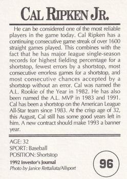 1992 Investor's Journal - Colors Foil #96 Cal Ripken Jr. Back