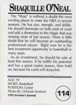 1992 Investor's Journal - Colors Foil #114 Shaquille O'Neal Back