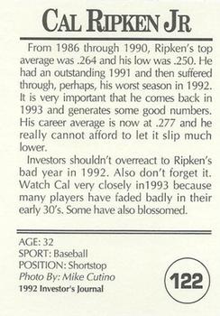 1992 Investor's Journal - Colors Foil #122 Cal Ripken Jr. Back