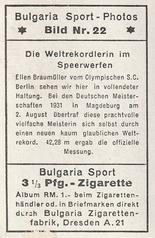 1932 Bulgaria Sport Photos #22 Ellen Braumüller [Die Weltrekordlerin im Speerwerfen] Back