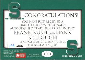 2003 TK Legacy Michigan State Spartans - Historical Links Autographs #HL4 Frank Kush / Hank Bullough Back