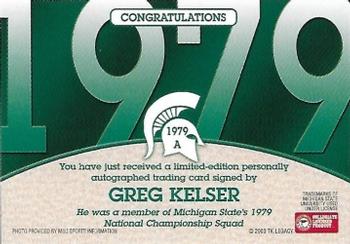 2003 TK Legacy Michigan State Spartans - National Champions Autographs #1979A Greg Kelser Back