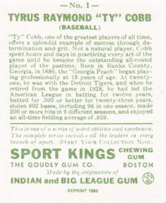 1986 1933 Sport Kings Reprint #1 Ty Cobb Back