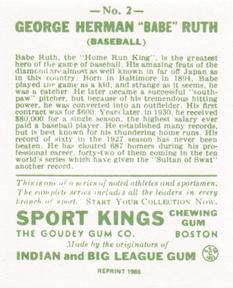 1986 1933 Sport Kings Reprint #2 Babe Ruth Back