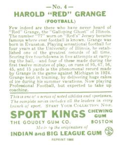1986 1933 Sport Kings Reprint #4 Red Grange Back