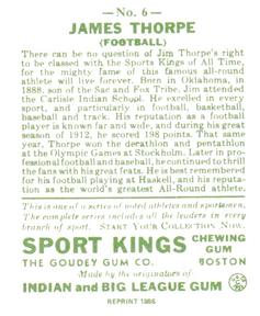 1986 1933 Sport Kings Reprint #6 Jim Thorpe Back