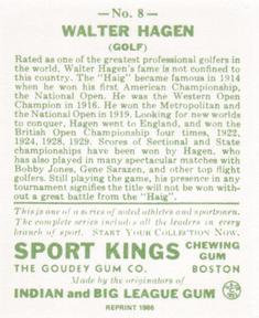 1986 1933 Sport Kings Reprint #8 Walter Hagen Back