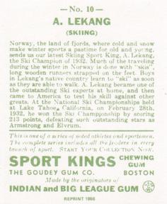 1986 1933 Sport Kings Reprint #10 Anton Lekang Back