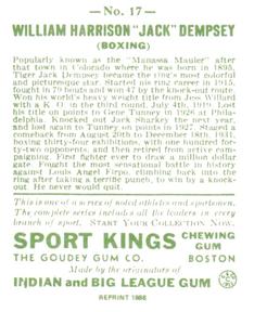 1986 1933 Sport Kings Reprint #17 Jack Dempsey Back