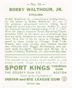 1986 1933 Sport Kings Reprint #31 Bobby Walthour Jr. Back