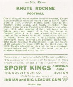 1986 1933 Sport Kings Reprint #35 Knute Rockne Back