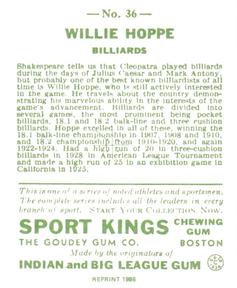 1986 1933 Sport Kings Reprint #36 Willie Hoppe Back