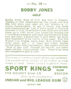 1986 1933 Sport Kings Reprint #38 Bobby Jones Back