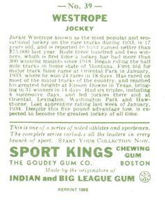 1986 1933 Sport Kings Reprint #39 Jack Westrope Back