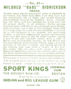 1986 1933 Sport Kings Reprint #45 Babe Didrickson Back