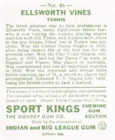 1986 1933 Sport Kings Reprint #46 Ellsworth Vines Back