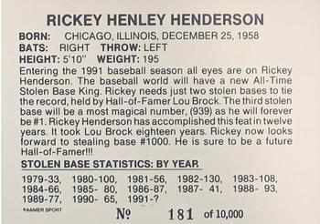 1991 AAMER Sport (unlicensed) - Gold #NNO Rickey Henderson Back