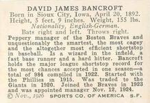 1926 Spalding Champions #NNO Dave Bancroft Back