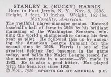 1926 Spalding Champions #NNO Bucky Harris Back